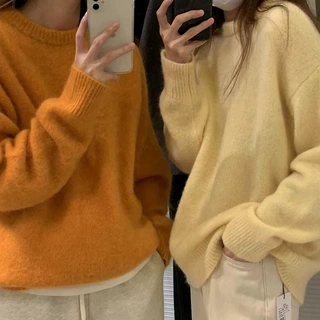 温柔风浣熊绒粉色毛衣女秋冬韩系慵懒风宽松软糯针织打底衫上衣厚