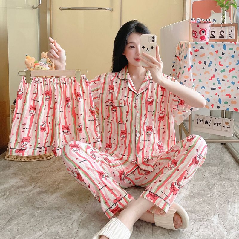 国境を越えた日本と韓国のクラウドコットンパジャマ3点セット春夏レディースプリントかわいいホーム服漫画スーツ新しいスタイル|undefined