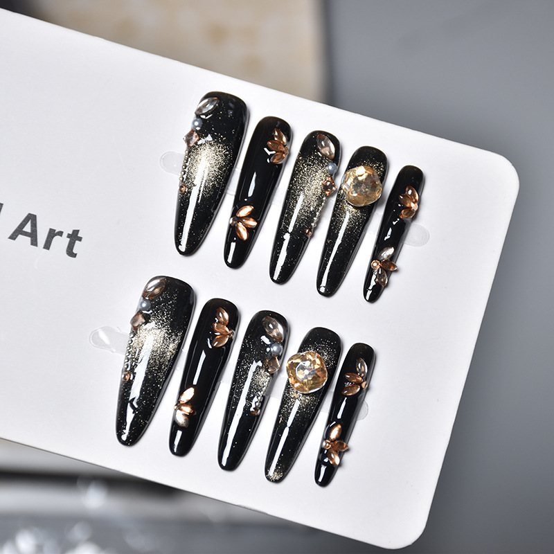 Ojos de gato negros para usar uñas hechas a mano parches de uñas para perros largos y delgados 4.0 parches de uñas falsas se pueden quitar