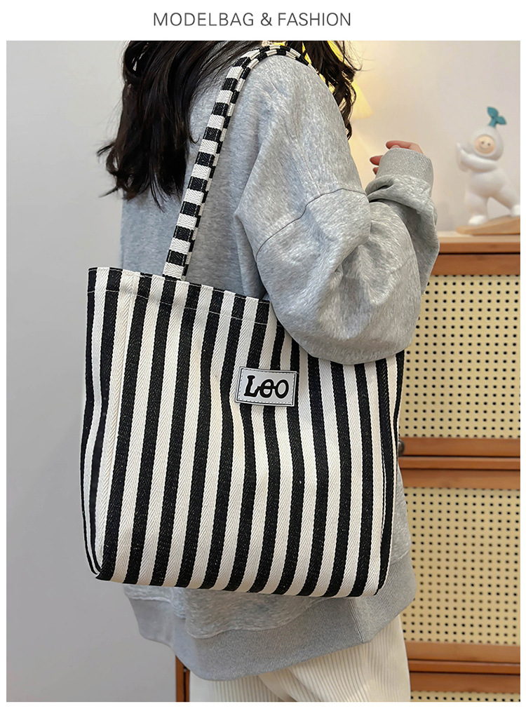2024 Summer new canvas shoulder bag Tote bag, black and white striped trendy patchwork large capacity handbag undefined