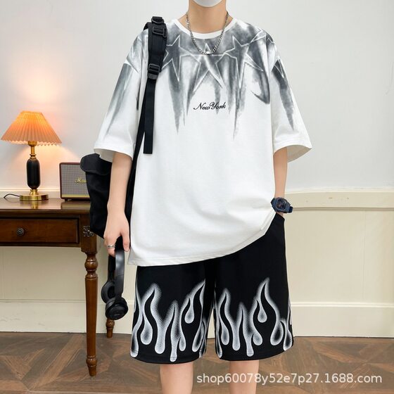 Summer New Men's Crewneck Sports suit Short-sleeved Shorts Casual Two-piece T-shirt Teenager Handsome Trendy Brand