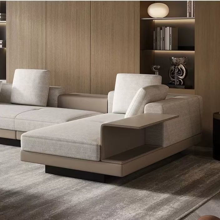 Italian-Style Connery Cotton and Linen Chaise Fabric Sofa, Light Luxury Large Flat-Level Living Room Straight-Row Combination Steel Armrest Sofa