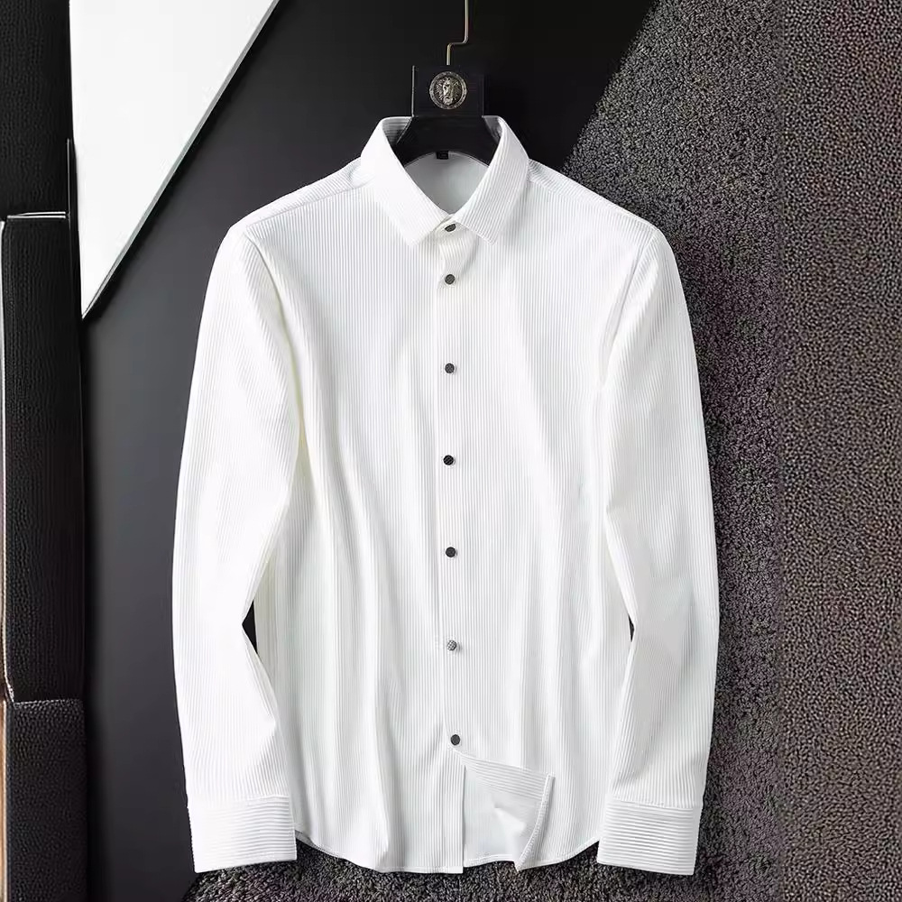 Luz de lujo primavera y otoño delgada no arremete contra las arrugas de negocios camisa blanca casual hombre de manga larga camisa de rayas verticales delgada hombre