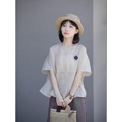 100 カウント夏ベージュ細番手ラミー軽量通気性ラウンドネックプルオーバー女性のプリーツ通気性