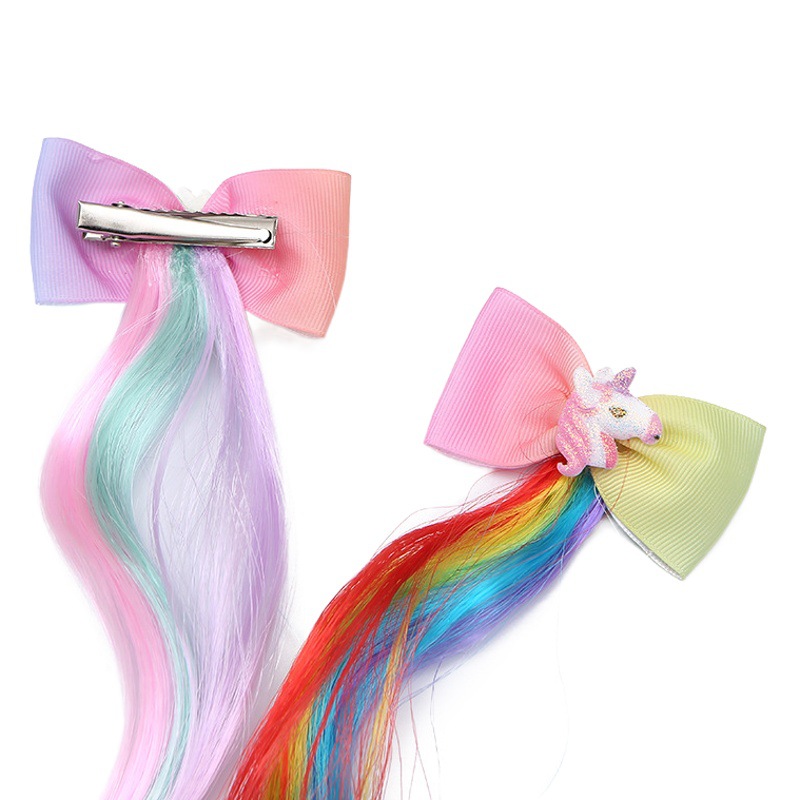 AliExpress europeo y americano de los niños de dibujos animados lindo pony unicornio arco horquilla peluca tocado Peluca de color pieza