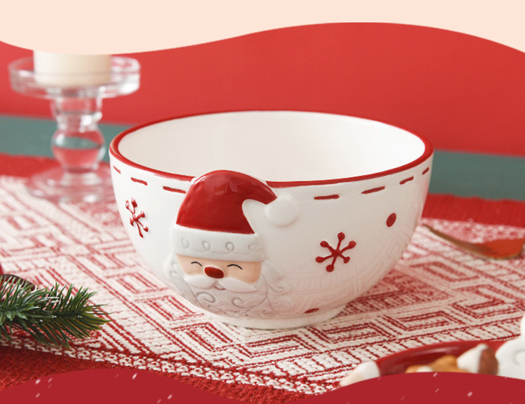 Christmas Nordic stitching Santa Claus ceramic bowl rice bowl creative relief small bowl noodle bowl soup bowl Western salad bowl tableware_voghion.com