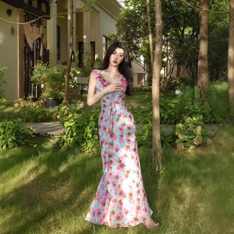 女性用フレンチVネック黄色花柄サスペンダードレス、夏の気質、ウエスト痩身、ドーパミンスイートロングスカート|undefined