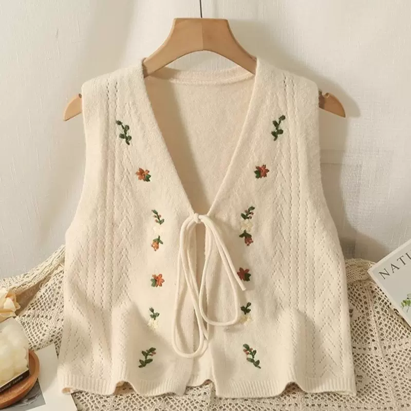 春秋新款外搭清新甜美无袖毛衣背心绣花蝴蝶结系带V领针织马甲女