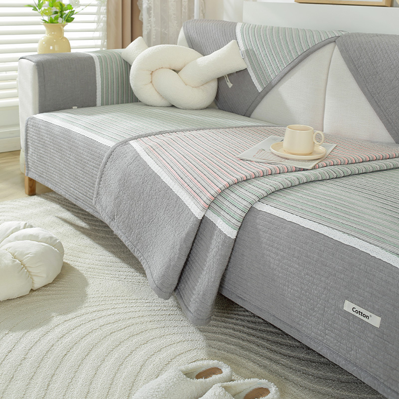 2024 New Color Strip Cotton Thickened Sofa Cushion Modern Simple Cotton Sofa Cover Dust-proof Non-slip Cover Towel