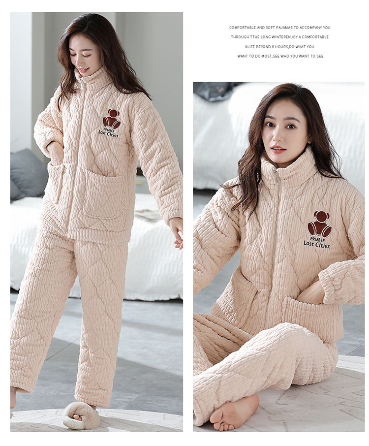 法米姿 珊瑚绒睡衣女冬夹棉三层加厚加绒甜美可爱卡通拉链家居服