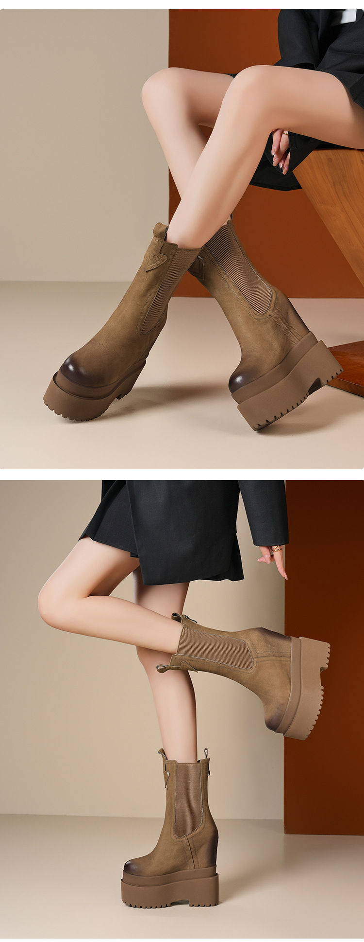 Boot Chelsea nữ cổ thun đế siêu cao 16cm da thật — Màu đen lót nhung chi tiết 4