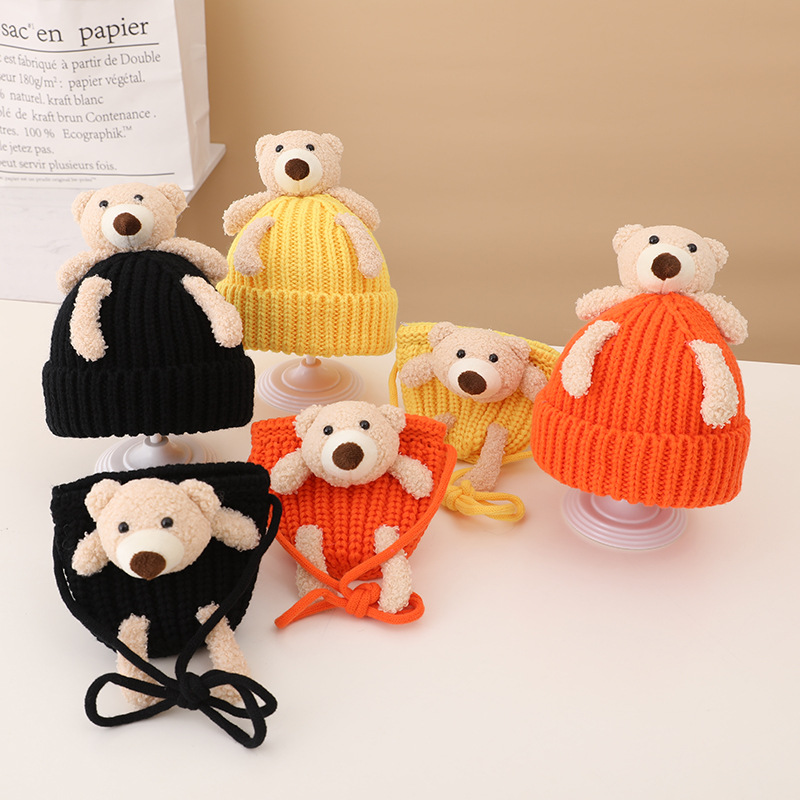 Bear doll children's knitted wool hats b...