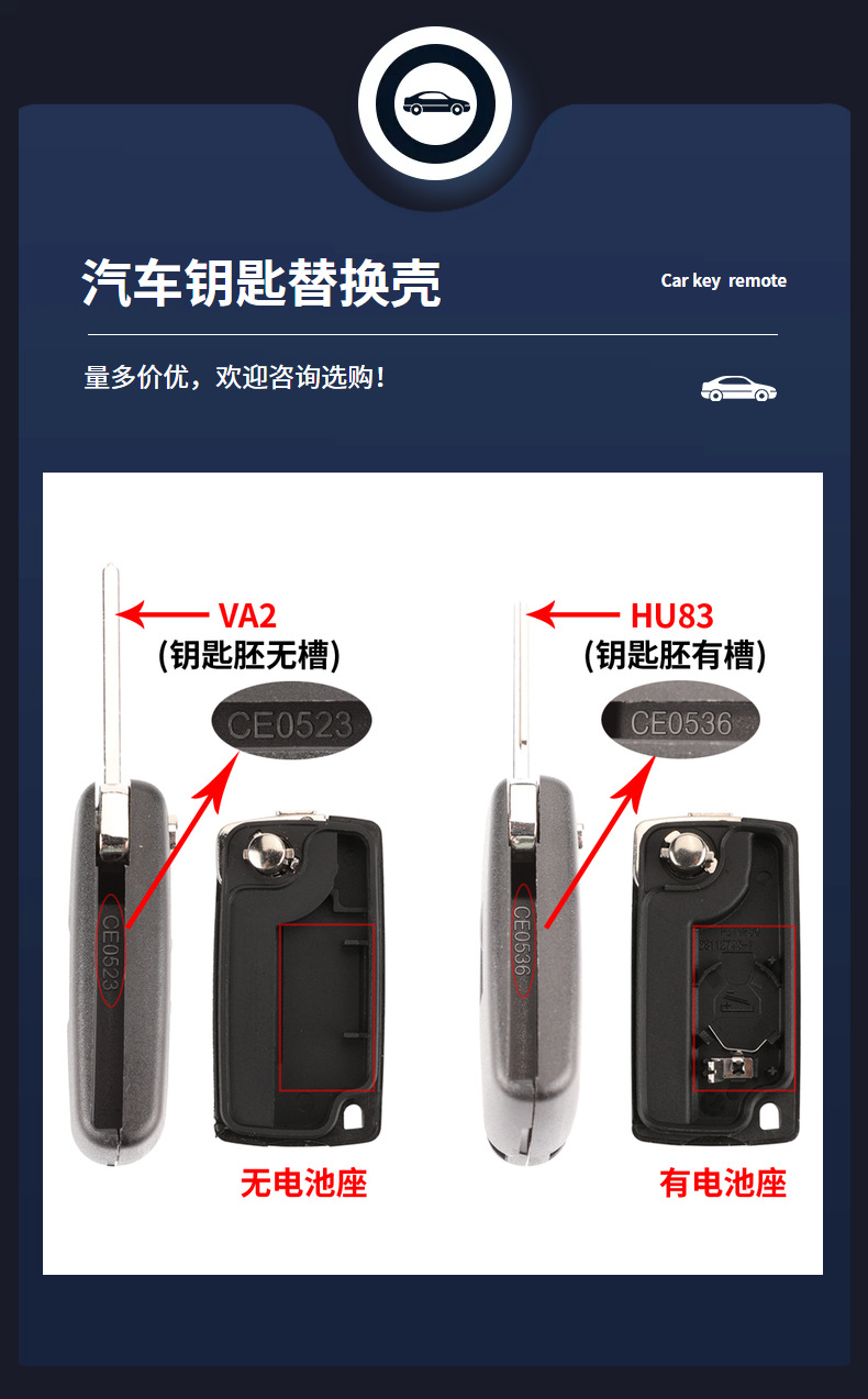 For Peugeot Universal Citroen 3-button folding remote control Triumph Sega car key replacement shell factory direct sales