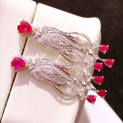 DIY厂家18K金镶嵌天然无烧红宝石耳坠|ms