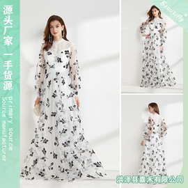 工厂直销跨境欧美欧根纱植绒印花女士时尚长款礼服连衣裙晚礼服