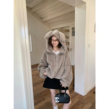 兔耳朵连帽毛毛外套女冬季加厚羊羔毛皮毛一体宽松上衣