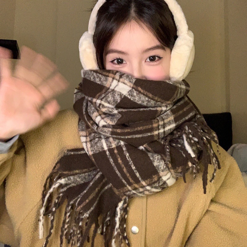 Écharpe à carreaux en cachemire d'hiver, châle chaud polyvalent à pompon pour femme, couleur contrastée pour couple, écharpe pour étudiante_voghion.com