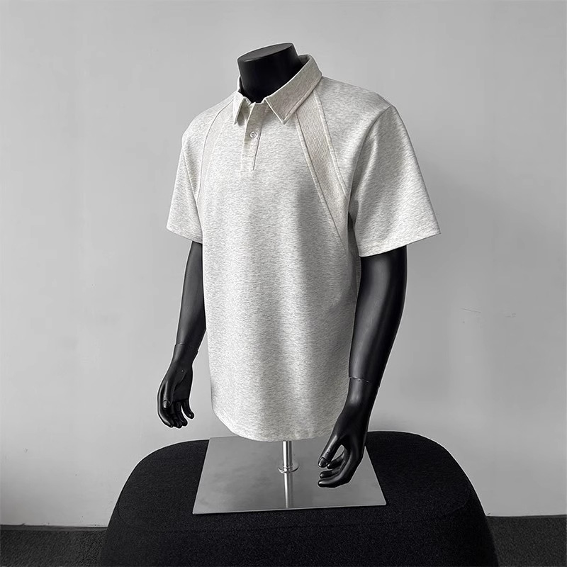 American-Style Regular Shoulder Short-Sleeve Polo Shirt for Men, Summer Heavyweight Youth T-Shirt with a Turn-Down Collar and Raglan Three-Quarter Sleeves, Trendy Top