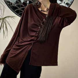 简梦长袖T恤 2025秋季新款 小众设计感斜边褶皱打底衫女上衣9606