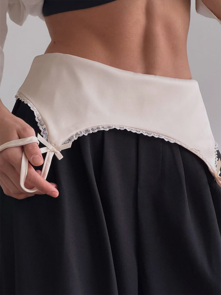 Quần ống rộng nữ cạp cao phối ren xếp ly có vạt che mông dáng vest — Màu trắng, màu xám, màu đen chi tiết 8