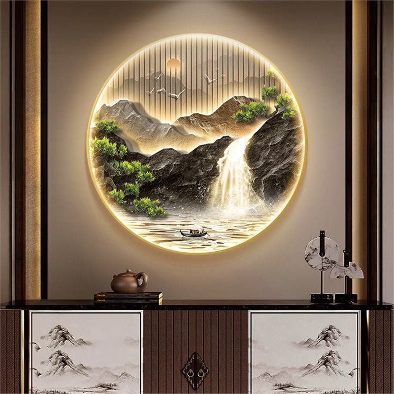 Flowing Water Brings Wealth, Entrance Decoration Painting, High-End Lamp Painting, Atmospheric Landscape Painting, Living Room Hanging Painting, New Chinese Style Round Mural