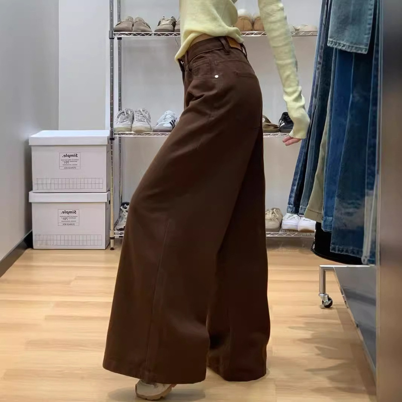 咖色高腰牛仔裤女2025春季新款显瘦宽松垂感直筒拖地裤子慵懒风|undefined