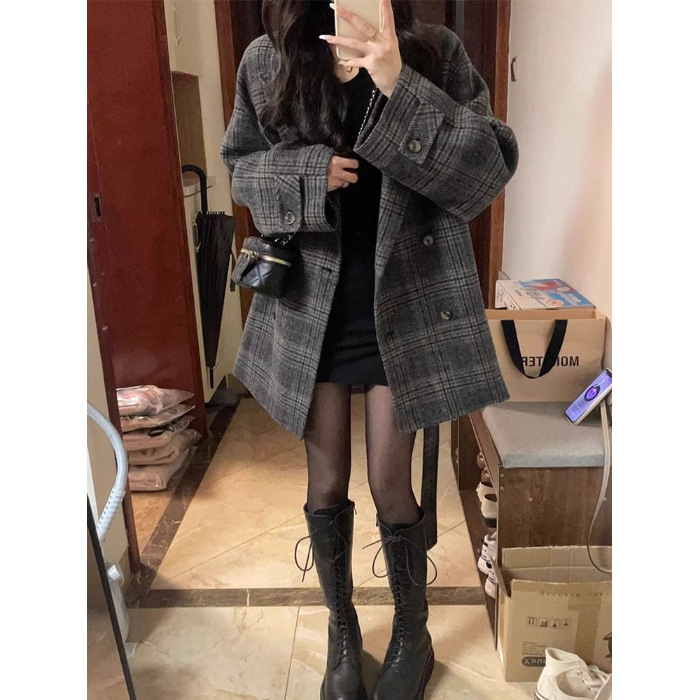 短款呢子大衣女新款秋冬季格子毛呢外套高级感加厚西装韩系|undefined