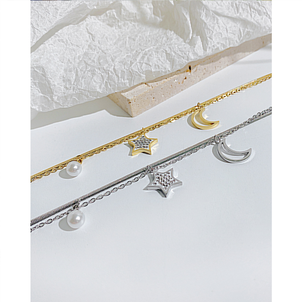 Sweet Star Moon Stainless Steel Artificial Pearl Bracelets Layered Zircon Stainless Steel Bracelets