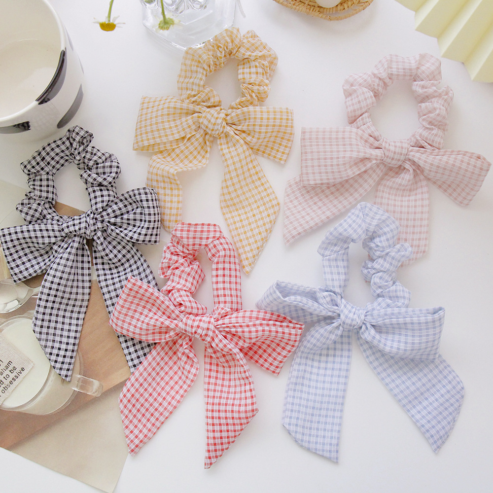 Summer Small version Ribbon girl fresh bow lattice Cloth circle rubber string Hairdressing