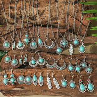 Foreign trade hot-selling vintage Bohemian national style earrings necklace suit turquoise hollow geometric jewelry