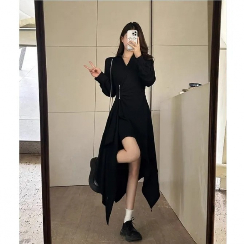 플러스 사이즈 헵번 스타일 프랑스 디자인 불규칙한 블랙 원피스 여성 봄 하이 엔드 타이트 허리 슬리밍 스커트