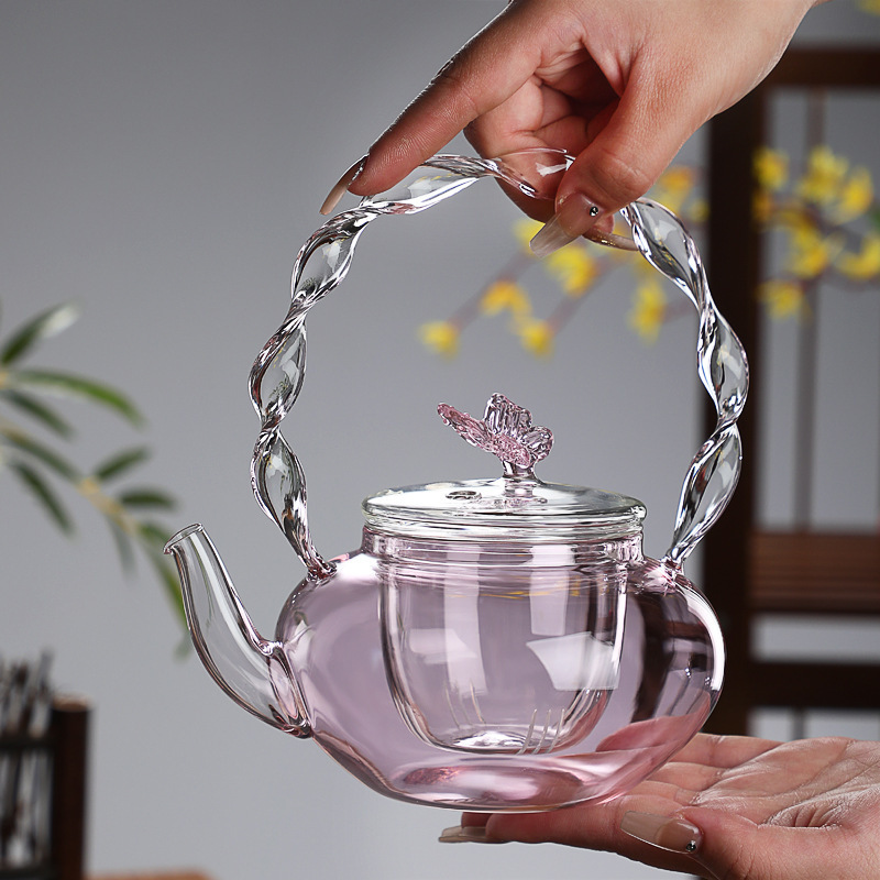 Pink High Borosilicate Glass Beam Teapot Electric Ceramic Stove Heating and Boiling Teapot Twist Handle Teapot Butterfly Pot