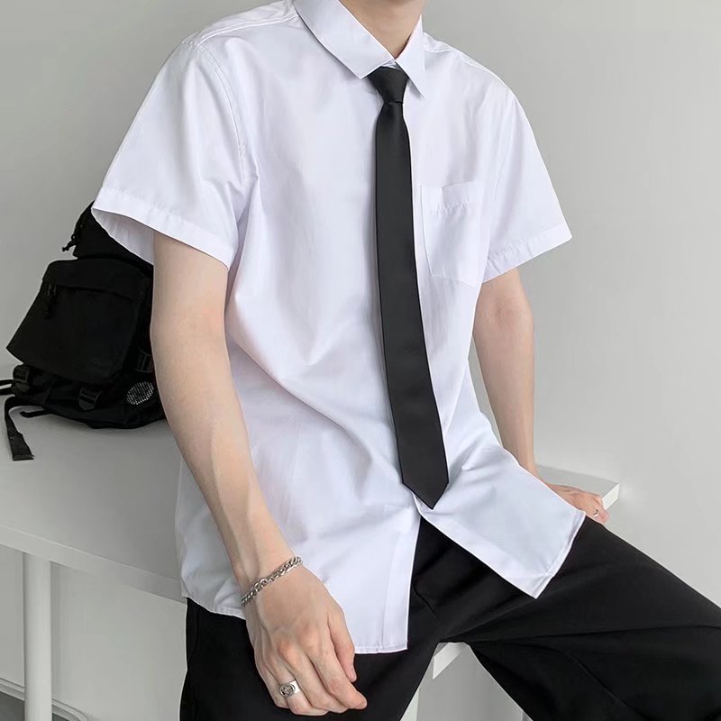 Men's white short-sleeved shirt + black tie + black pants