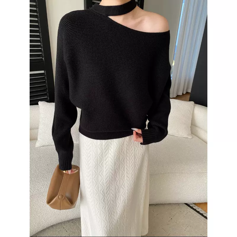 司南 氛围担当 华夫格设计感挂脖露肩宽松显瘦针织衫毛衣 SN8467