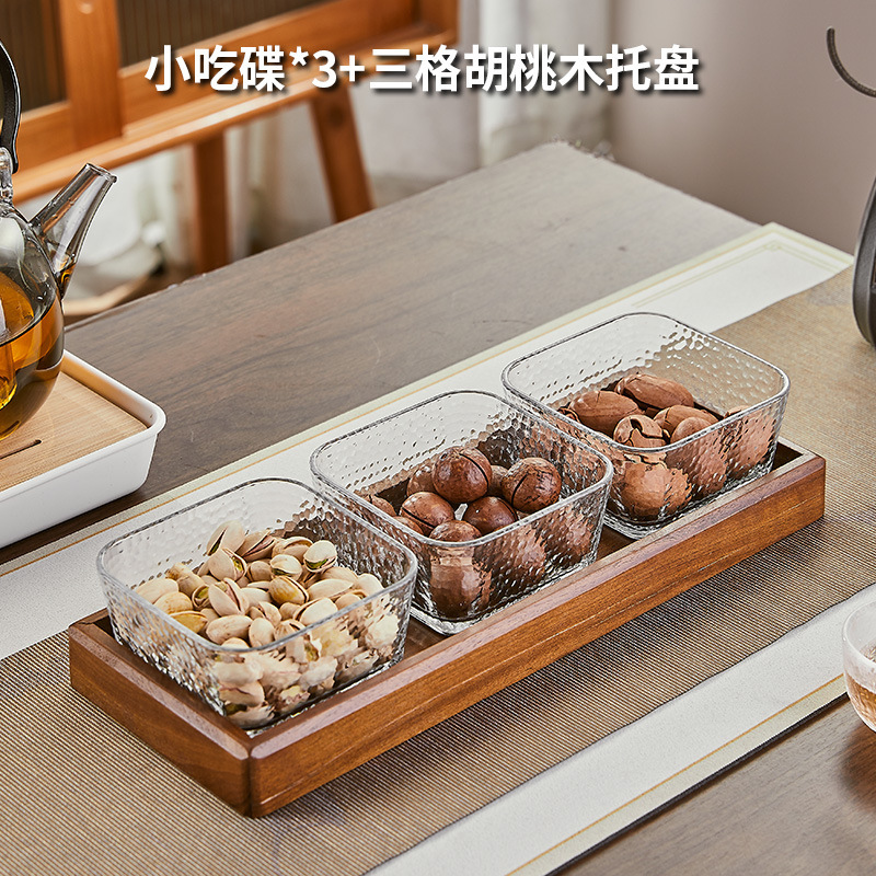 胡桃の木の果物の皿の間食の収納箱の軽くて豪華な高級なガラスの果物の皿のお茶のいくつかのお茶のお菓子の分格の皿|undefined