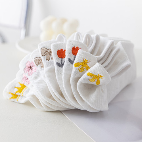 Women's Summer Short Socks, Thin Low-top Slipper Socks with Ear Design, Japanese Style Cotton Socks with Embroidery, Wholesale