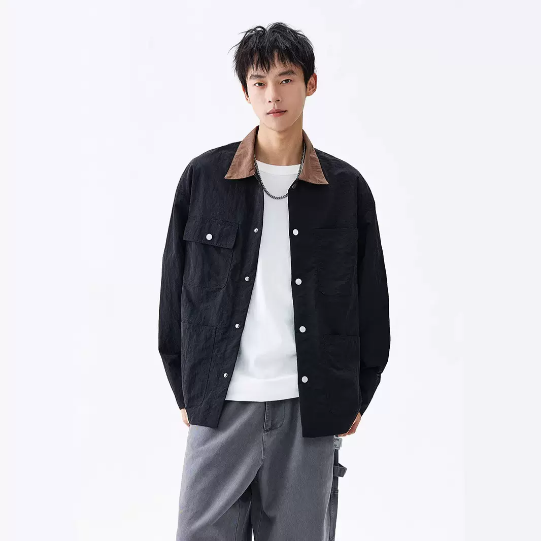 简恒新款潮牌撞色底特律大口袋复古工装男士痞帅衬衣翻领夹克外套