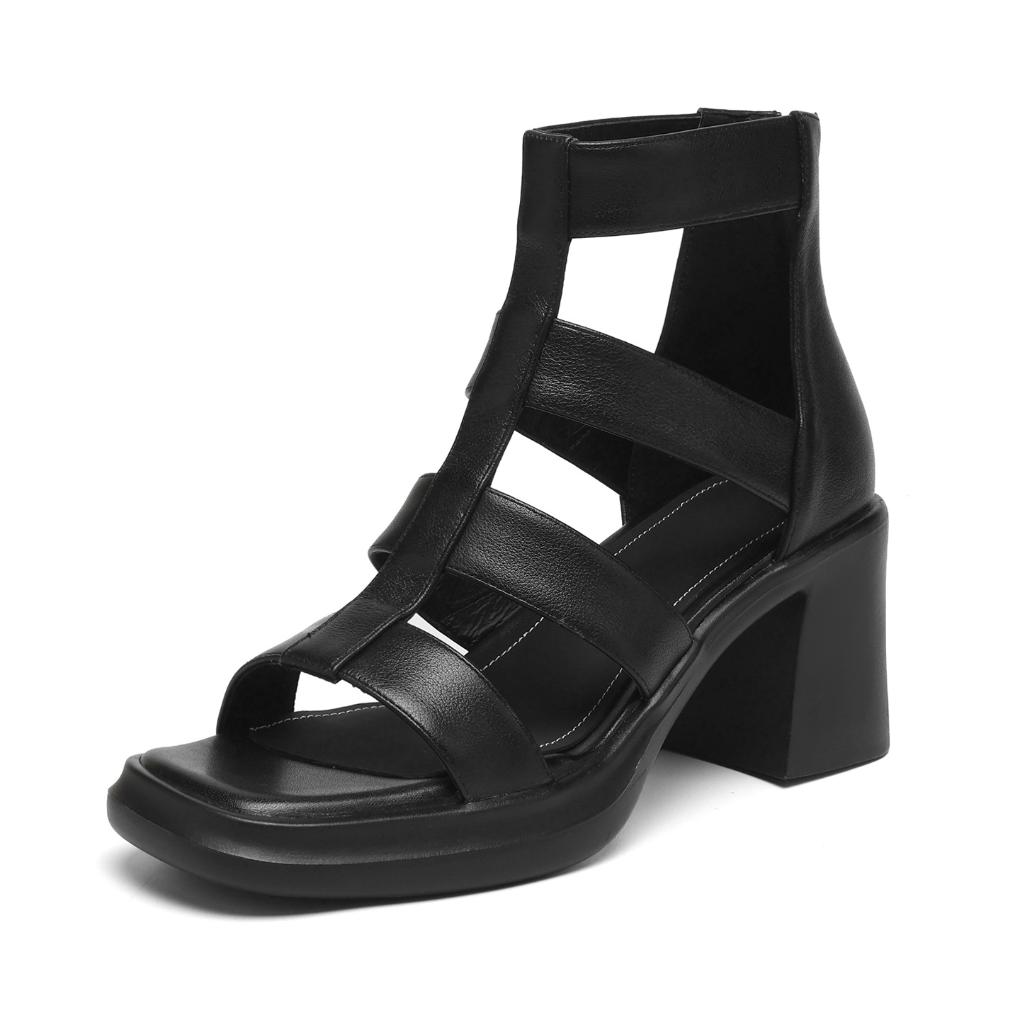 Sandal cao gót nữ mũi vuông hở ngón chân, chất da bò thô, gót 9 cm — đen
