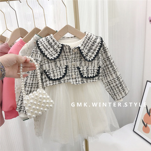 Girls' spring and autumn clothing suit dress 2023 new little girl lapel collar Chanel style fashion two-piece suit