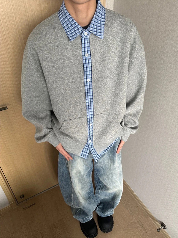 美式复古假两件卫衣开衫男款春季格子拼接cleanfit慵懒风情侣外套|undefined