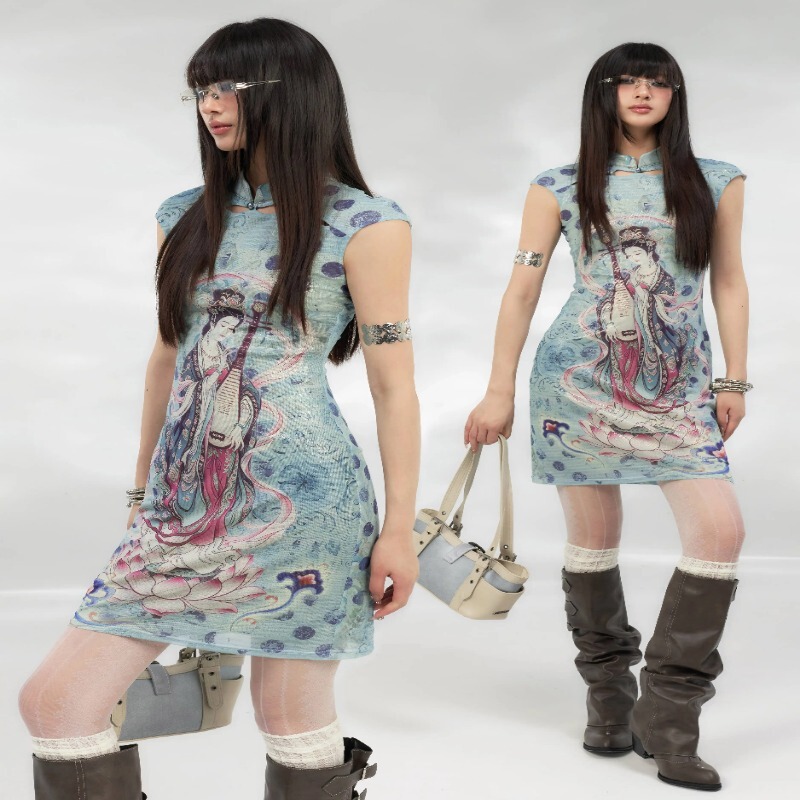 New Chinese-style retro mesh printed vintage modified cheongsam dress, summer Y2K sexy bodycon skirt