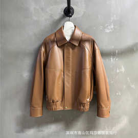法式高端新款时髦录客油蜡绵羊皮真皮皮衣复古工装松紧夹克外套女