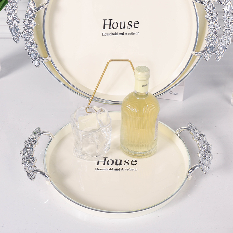 玫瑰手柄轻奢托盘白银圆形餐厅茶盘茶几杯子放茶杯水杯家用批发