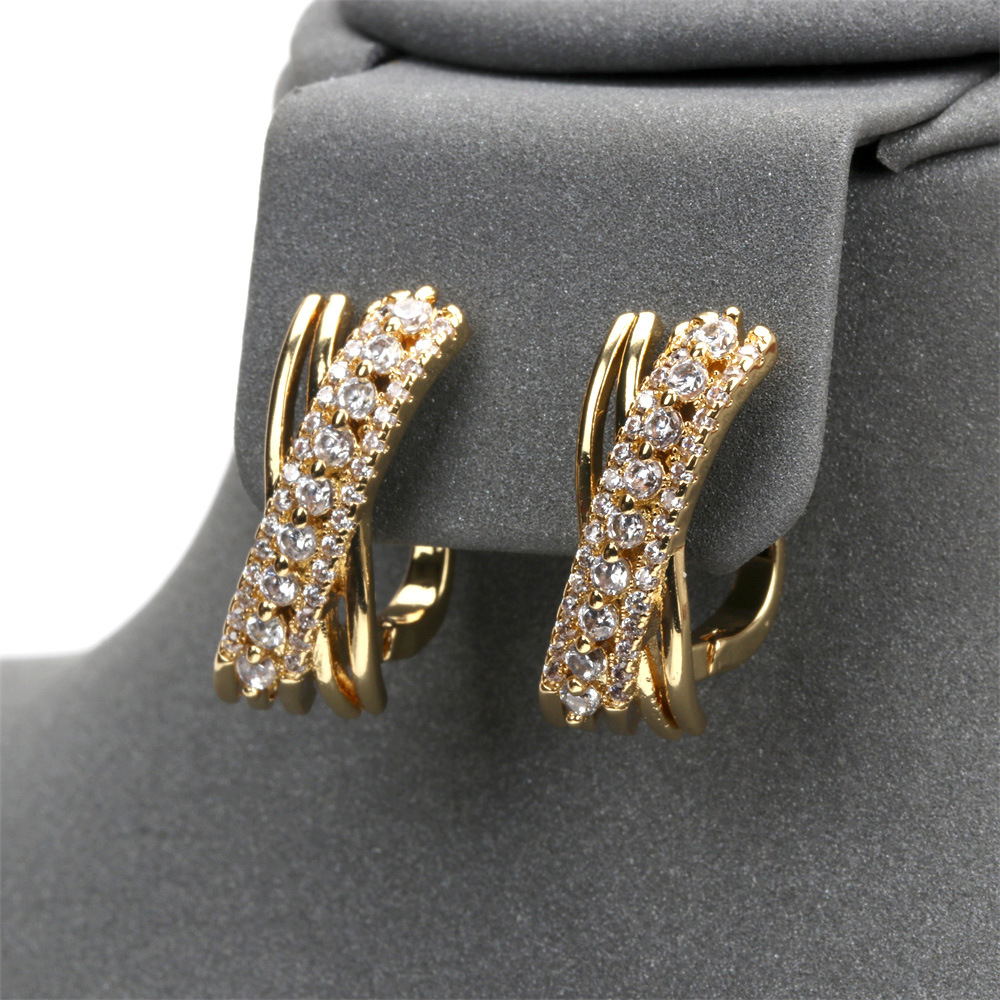New Copper Inlaid Micro Zircon C-type Cross Gold-plated Earrings Wholesale display picture 1