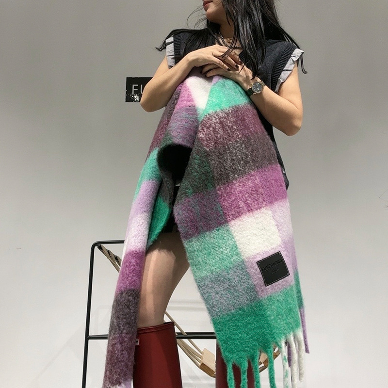 小衆デザイン感ウール格子衝突色マフラー女性秋冬保温マフラー|undefined