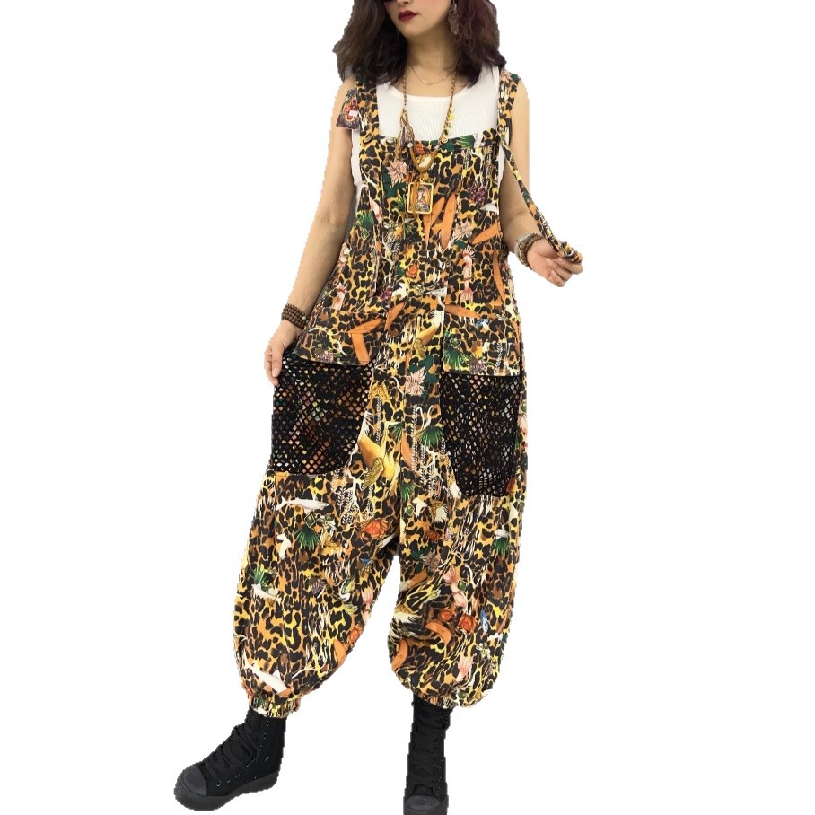Personalidad moda fresco patrón de leopardo estampado de mezclilla empalme chaleco de malla mono traje de dos piezas de moda de primavera para mujer image 5