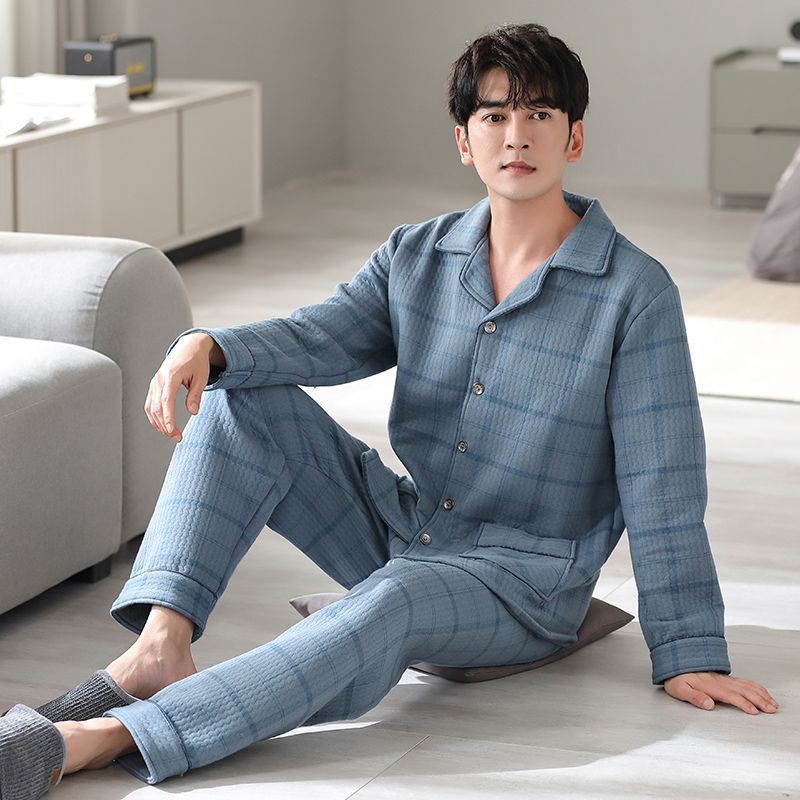 Cardigan de hombre engrosado primavera y otoño conjunto de pijamas de manga larga invierno delgado algodón intercalado otoño y invierno ropa para el hogar