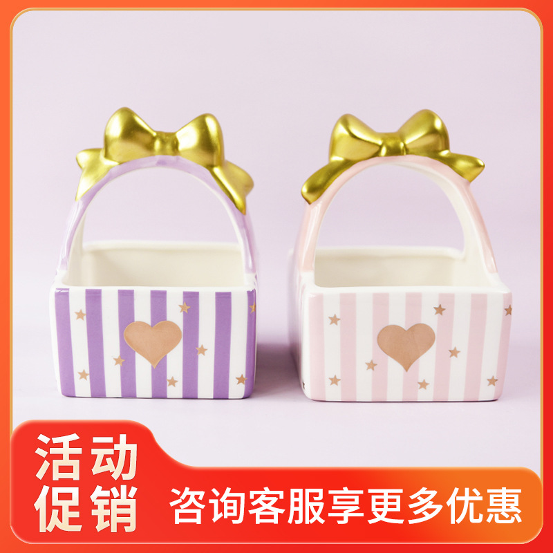 Rosa oro chica corazón cerámica cesta oro oso hámster caja de almacenamiento caja cosmética flor cesta adornos decorativos