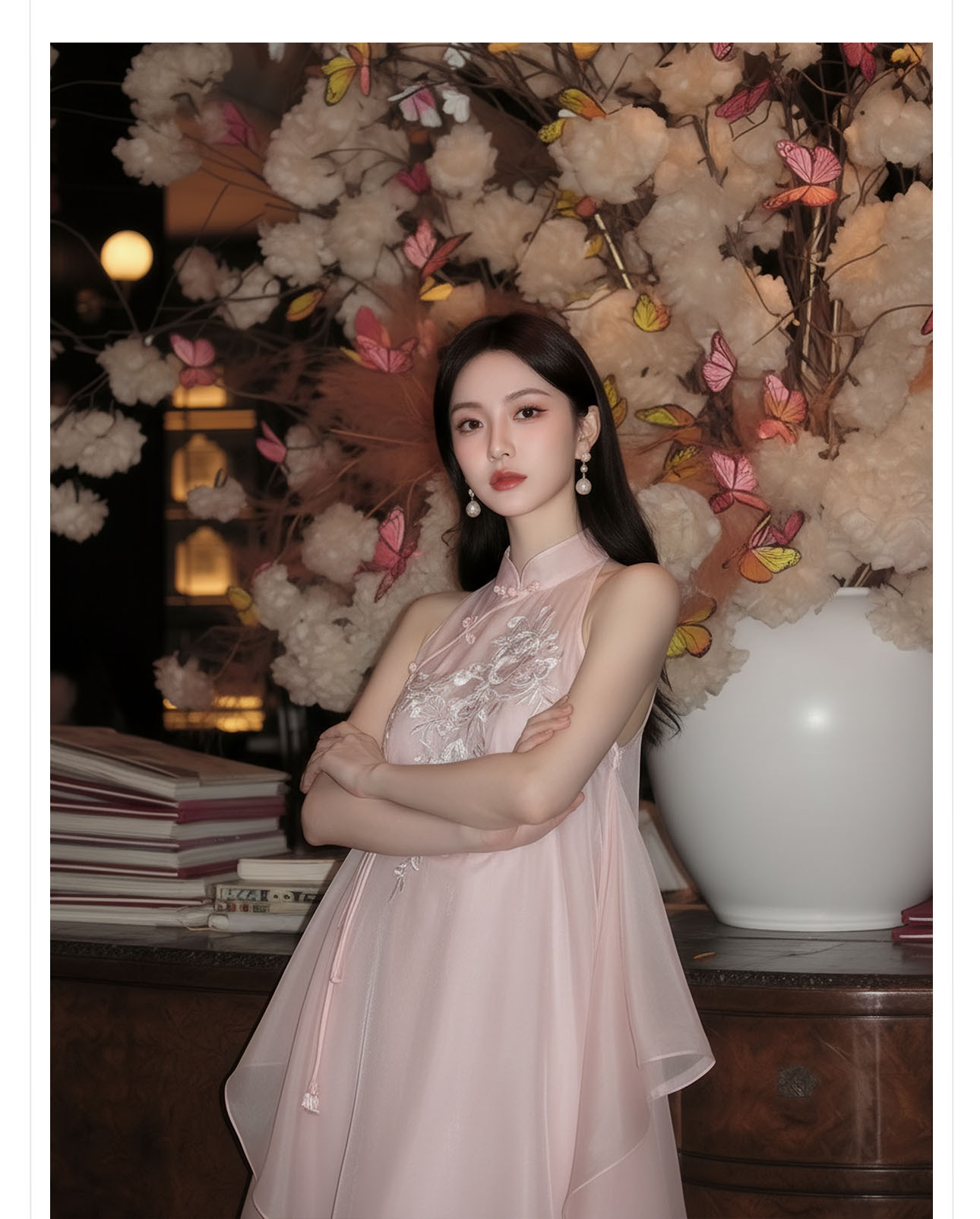 Đầm maxi thêu hoa phong cách Trung Hoa cổ điển, chất vải mỏng nhẹ mùa hè, tay lỡ, thắt eo — hồng chi tiết 10