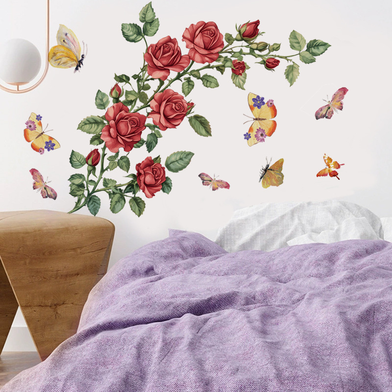 Cross-Border Red Rose Butterfly Wall Sticker Bedroom Entrance Bedside Sofa Background Wall Beautification Decoration Self-Adhesive Sticker